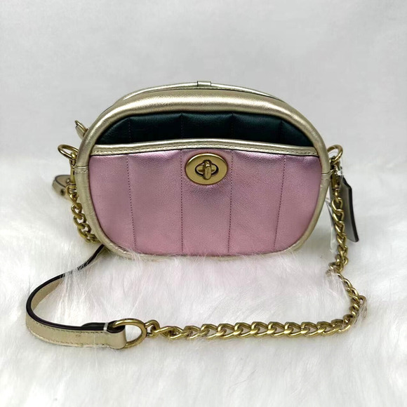 Coach Small Camera Bag With Colorblock Quilting In Gold/Pink Leather NWT C6619 - Picture 1 of 11